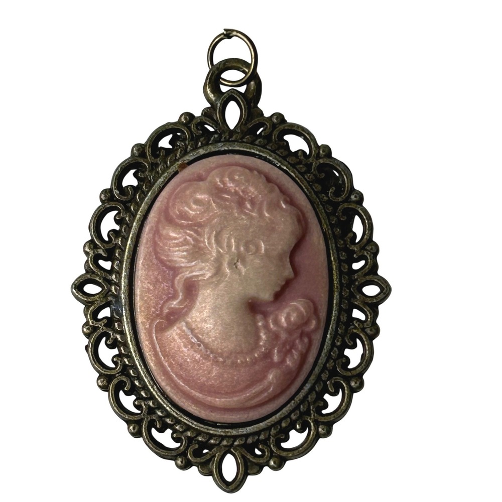 Vintage Style Pink Cameo Pendant Antique Brass Filigree Oval Portrait Charm